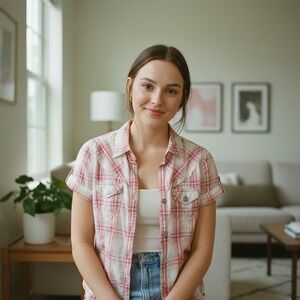 Vintage Girl Krazy Plaid Button Up Short Sleeve Shirt Red White Women's - Size M